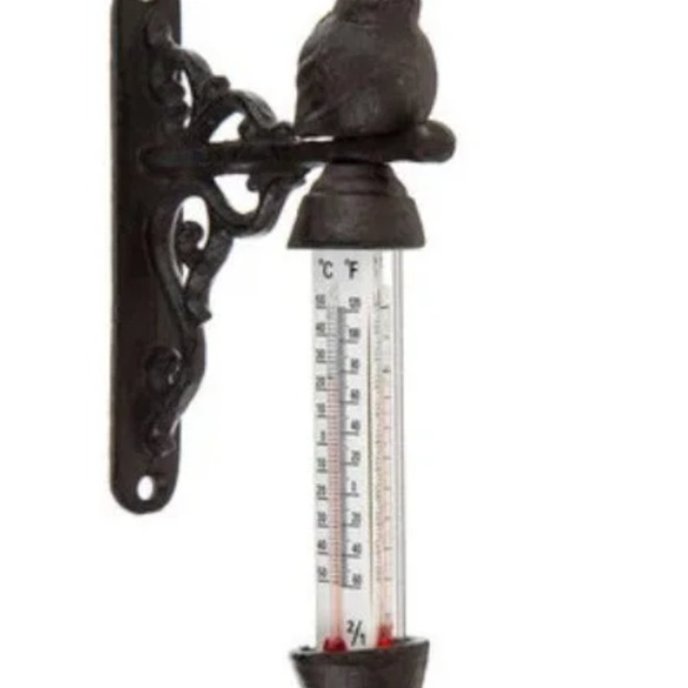 Cast Iron BIRD TOPPER Outdoor Thermometer Triple Strips Victorian Style